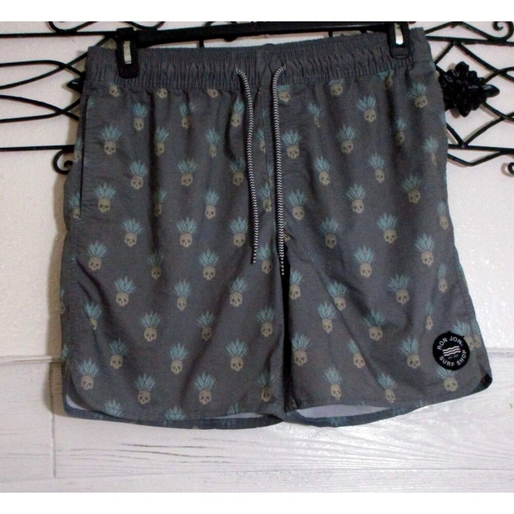 Ron Jon Surf Shop Men's Swim Trunks Size M Gray Skulls Drawstring Logo Pockets